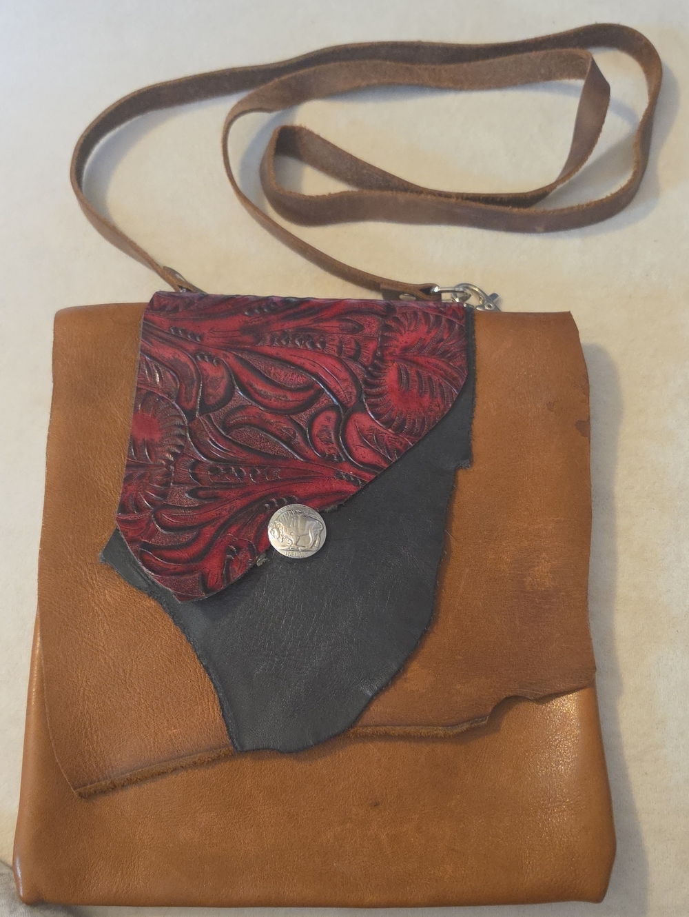VINTAGE Handcrafted Brown Leather Crossbody with Red Tooled Flap,  EUC